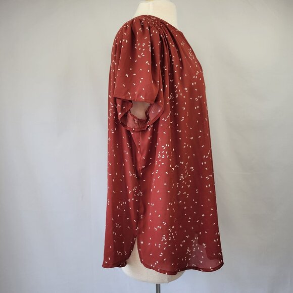 Monday Fun SS Split Neck Blouse With White Ditzy Speckle Print Rust Size 2X - Picture 7 of 12